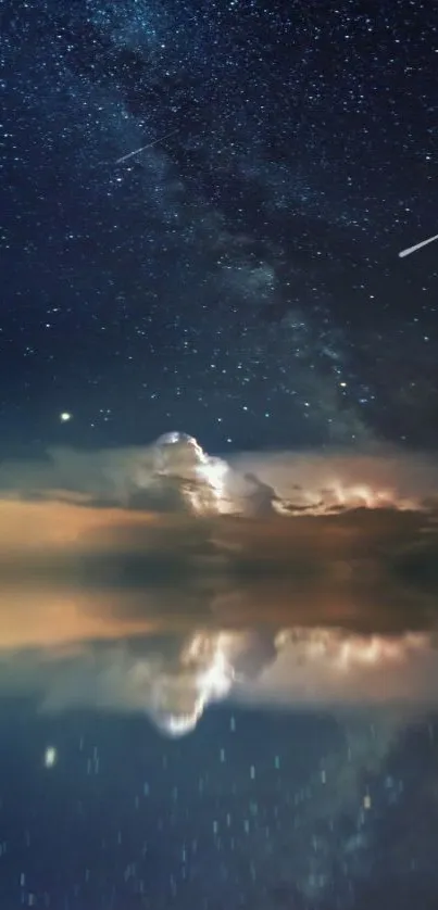 Starry sky reflecting on calm waters with a shooting star.