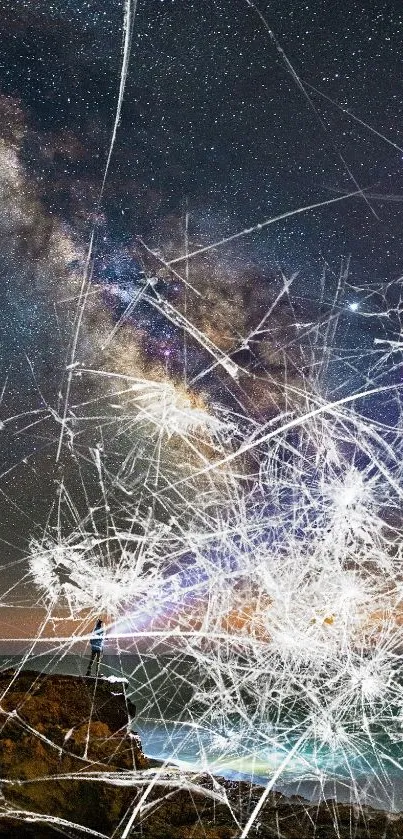 Starry sky with abstract crack patterns creating a cosmic effect.