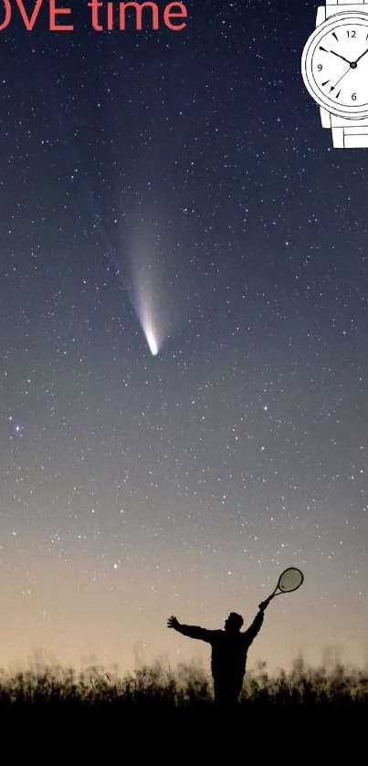 Starry sky with comet and silhouetted figure, featuring a watch graphic.