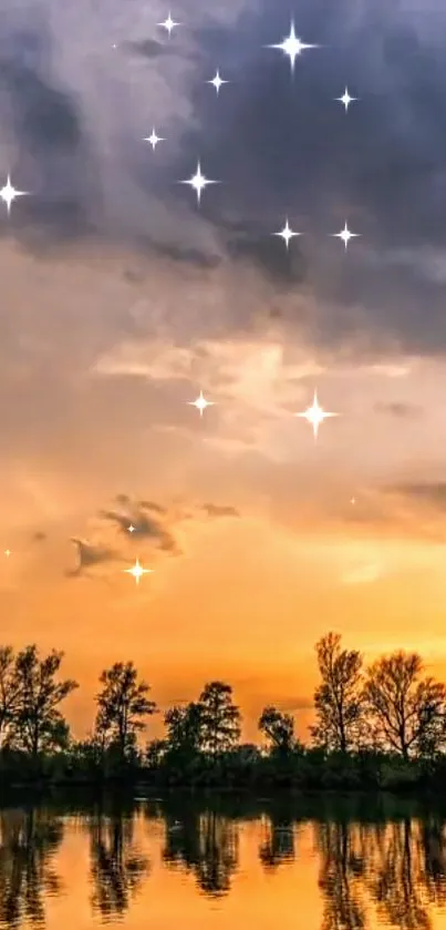 Starlit sunset with trees reflected in a tranquil lake.