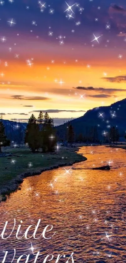 River at sunset with stars in sky, peaceful evening scene.