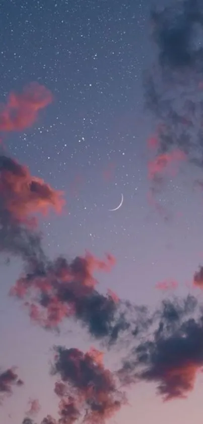 Starlit sky with clouds and crescent moon at sunset.
