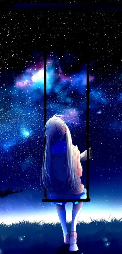 Girl on swing under a starry night sky.