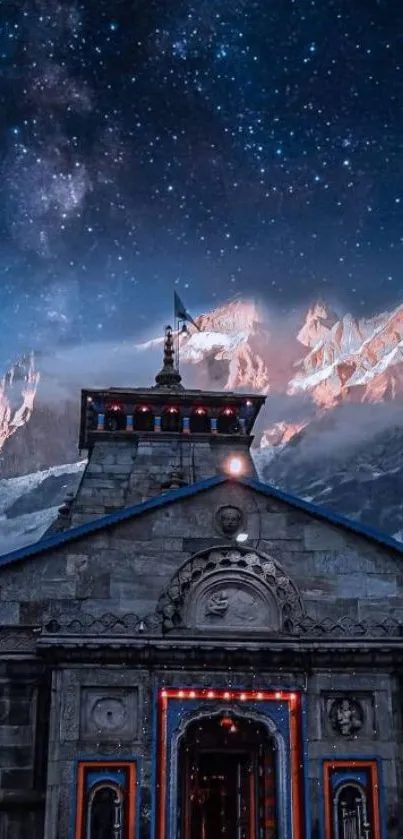 Temple with starry night sky and mountain backdrop.