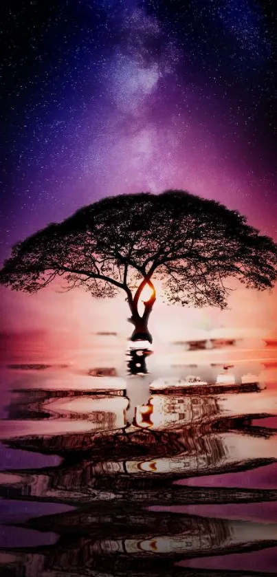 Lone tree reflecting under a starry sky.