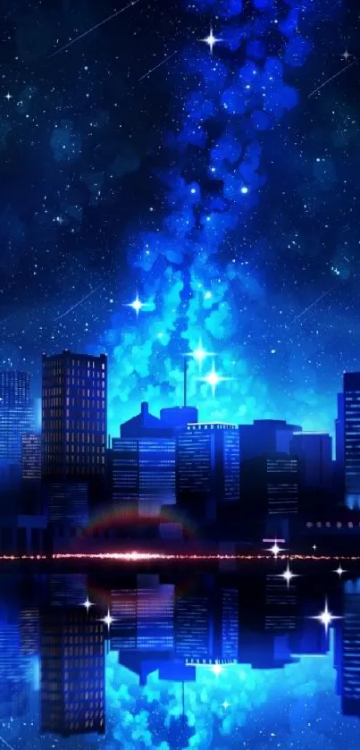 City skyline at night with blue stars.