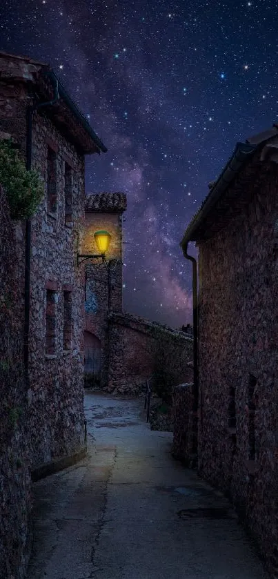 A serene village alley under a starry sky.