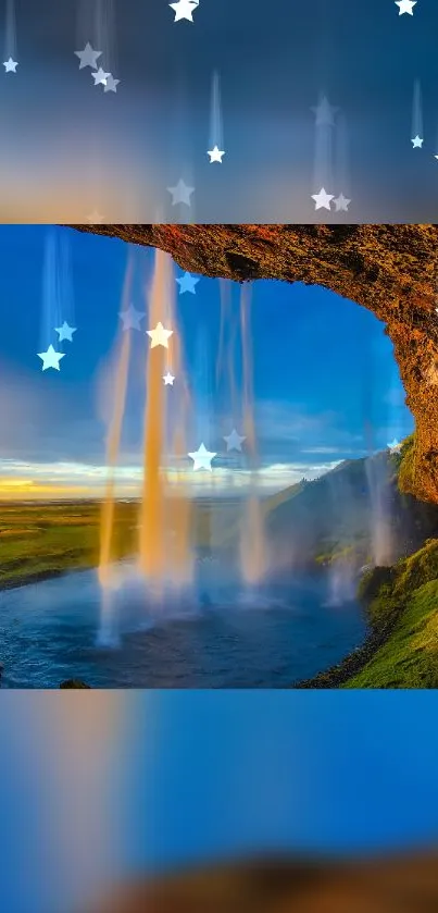 Fantasy waterfall under a starry night sky, perfect for mobile wallpaper.