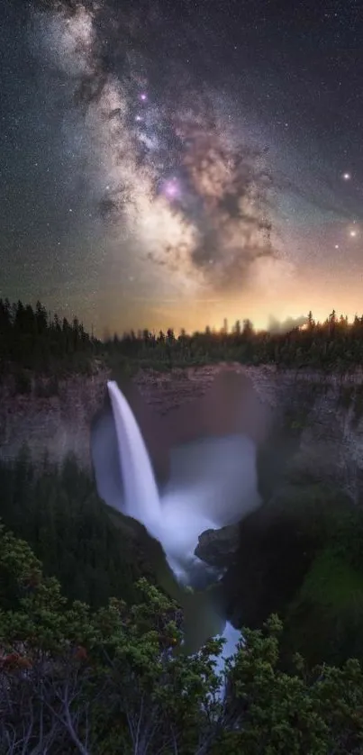 Milky Way over waterfall with forest in a stunning night landscape.