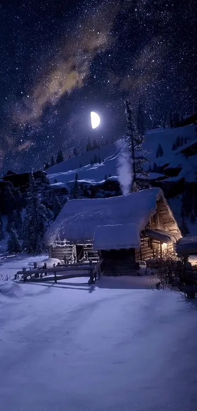 Snowy cabin under starry night sky with moonlight.