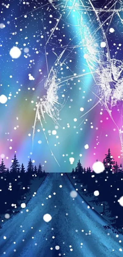 Mobile wallpaper of a winter forest under starry aurora sky.