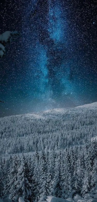 Starry night sky over a snowy forest landscape.