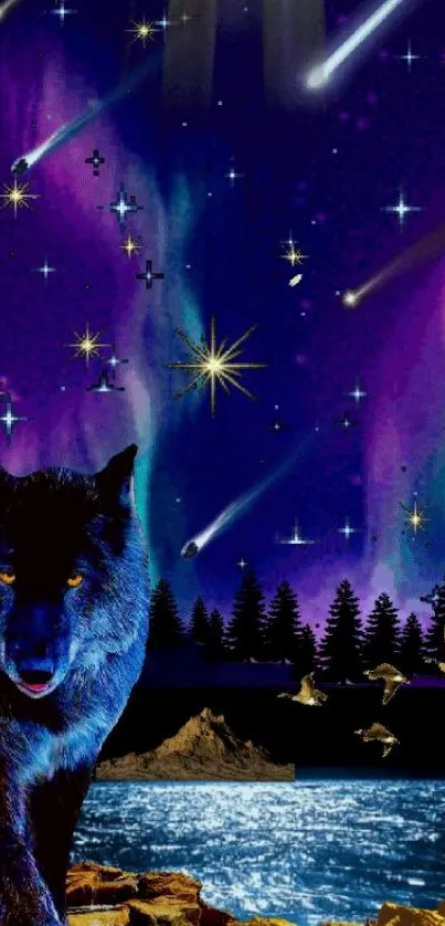 A lone wolf in a starry galaxy scene.