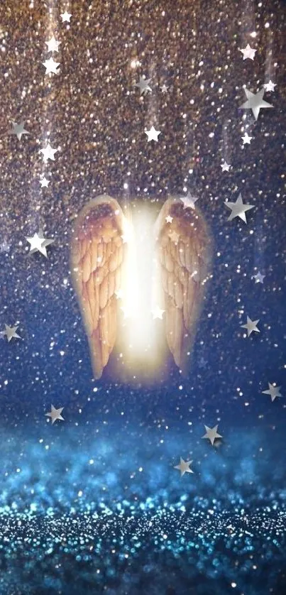 Angelic wings glowing amid starry cosmic background.