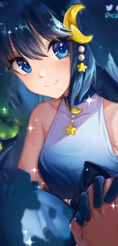 Anime girl with blue hair and stars, mobile wallpaper.