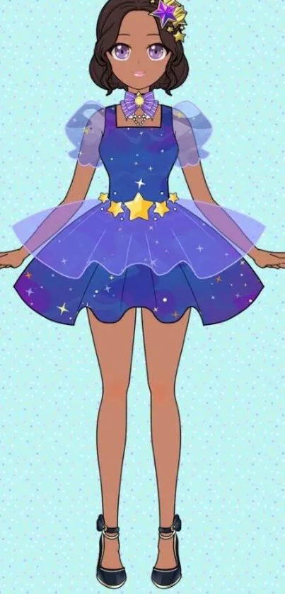 Anime girl in purple dress with starry details on a light blue background.