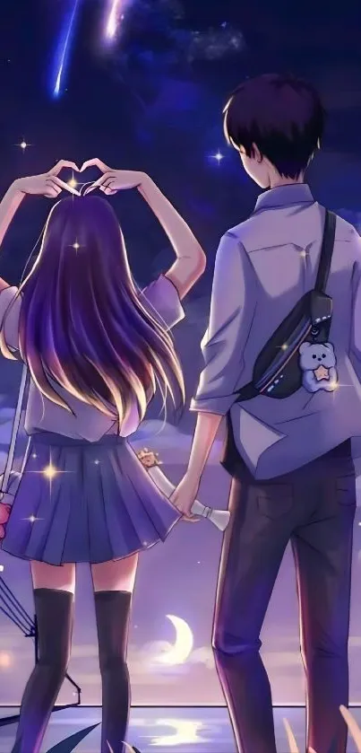 Anime couple under a starry night sky.