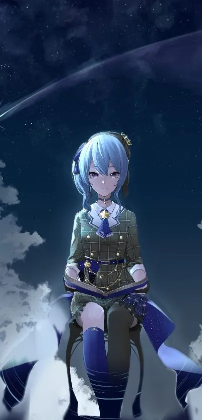 Anime character under starry sky with clouds.