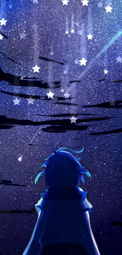 Anime night scene with starry sky and solitary figure gazing upwards.