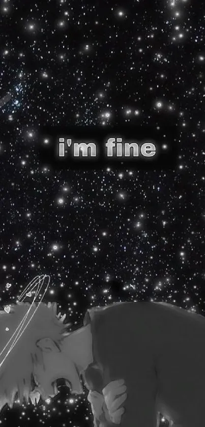 Anime character in starry night wallpaper with 'I'm fine' text.