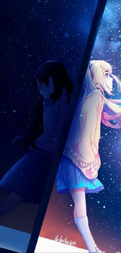 Anime wallpaper with a starry night sky and two contrasting characters.