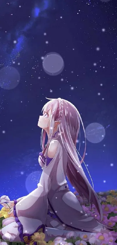 Anime character under a starry night sky surrounded by flowers.