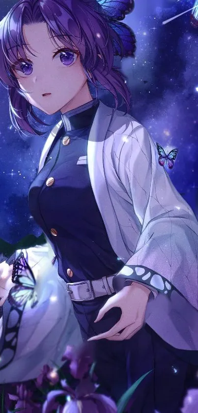 Anime character under starry night sky with glowing butterflies.