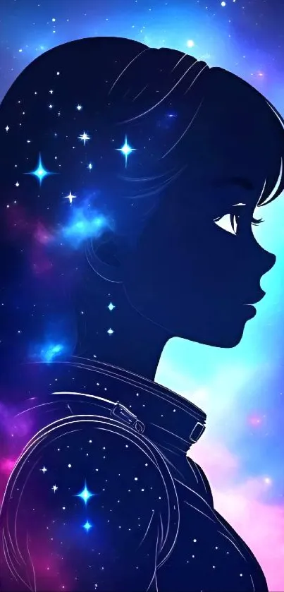 Anime silhouette against a starry galaxy backdrop in vibrant colors.