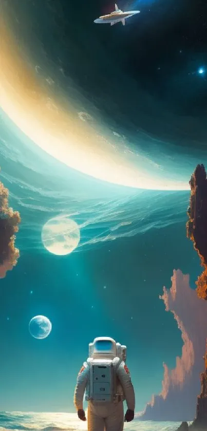 Astronaut explores otherworldly landscape with planet and stars.