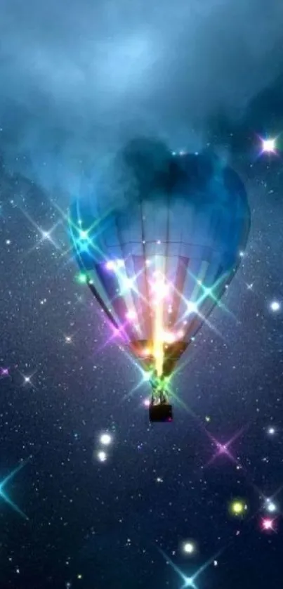 A colorful hot air balloon floats in a starry night sky, glowing with vibrant lights.