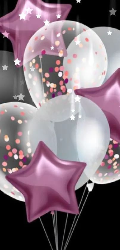 Mobile wallpaper with star-shaped balloons on a black background.