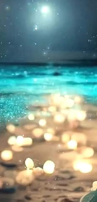 Fantasy beach at night with glowing lights and a full moon.