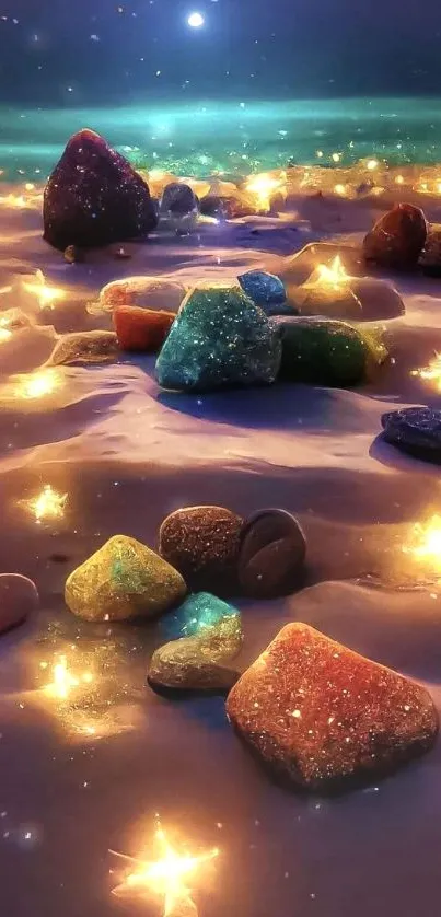 Fantasy beach with glowing stones under starry sky.