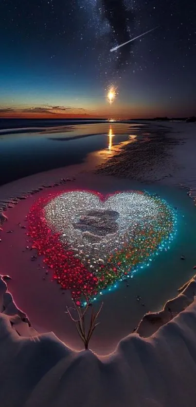 Heart-shaped glow on a starry beach night scene wallpaper.