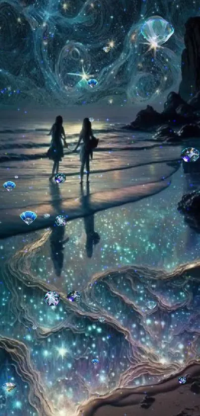 People enjoying a starry night on a reflective beach with glowing ocean.