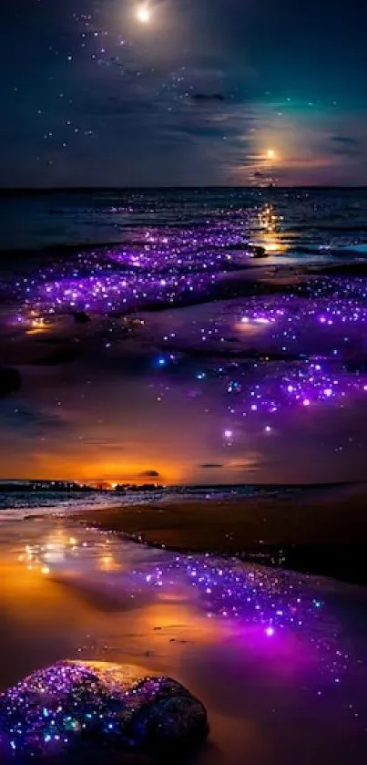 Enchanting starry beach night wallpaper with purple celestial lights.
