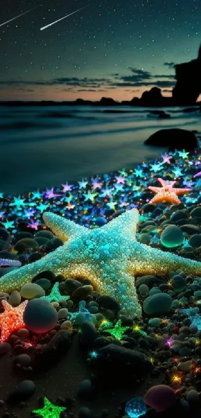 Glowing starfish on a night beach with vibrant and colorful scenery.