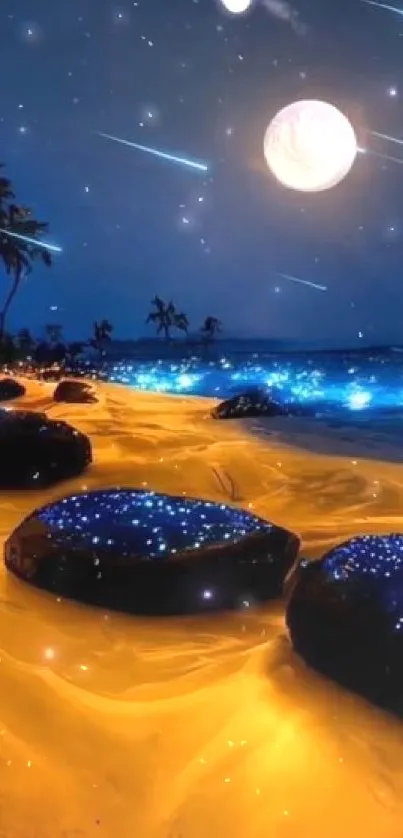 Magical starry night with glowing rocks on a beach.