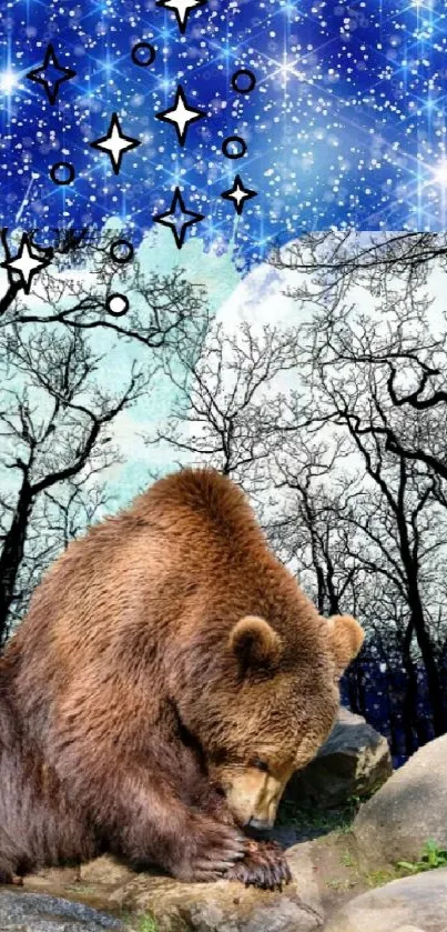 Bear in a mystical forest with stars.