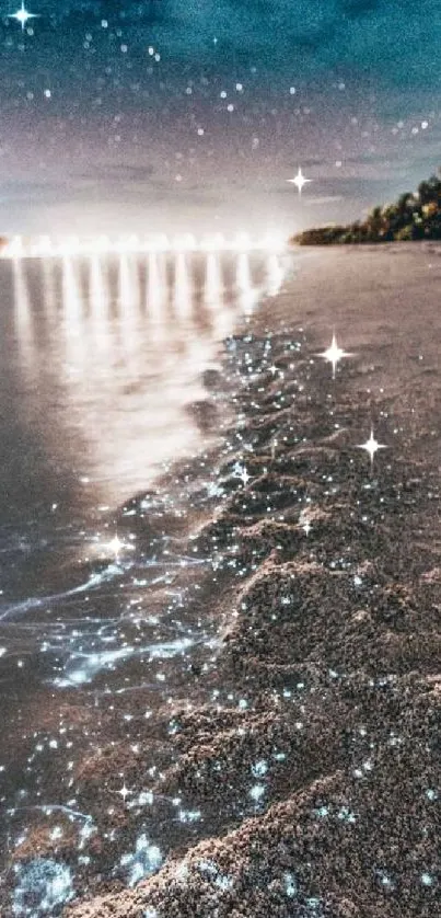 Starry night on a beach with glowing waves under a star-filled sky.