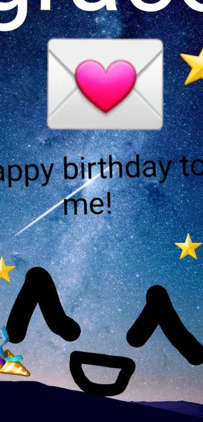 Starry night wallpaper with birthday message and emojis.