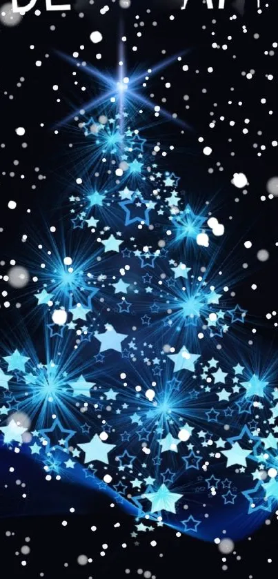 Starry blue Christmas tree with snowflakes on a dark background.