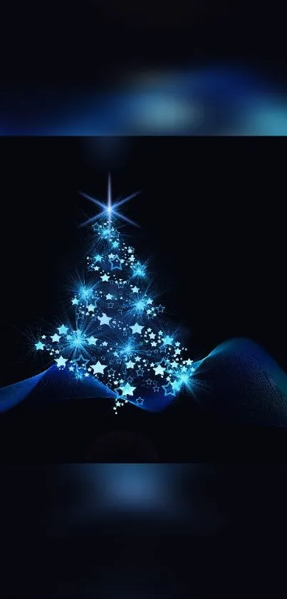 Starry Christmas tree with blue stars on dark background.