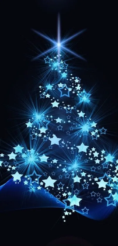 Glowing blue Christmas tree with stars