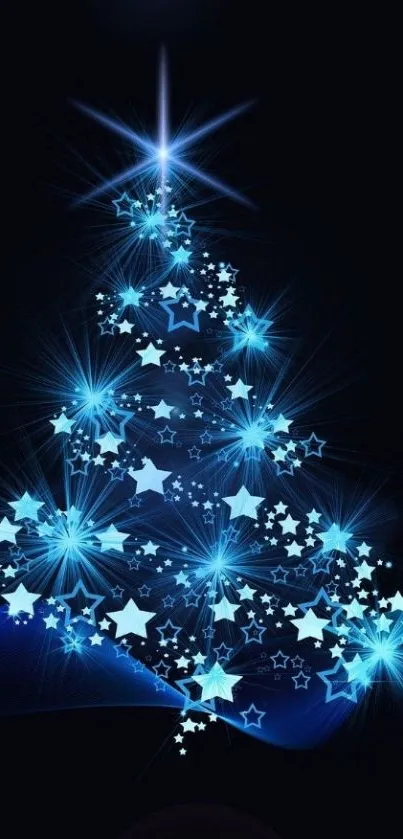 Blue starry Christmas tree on a dark background, perfect for a festive wallpaper.