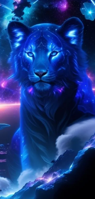 Starry cosmic blue lion with a mystical presence.