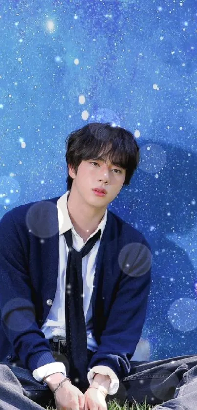 Young man sitting under starry blue night sky, featuring serene fashion.