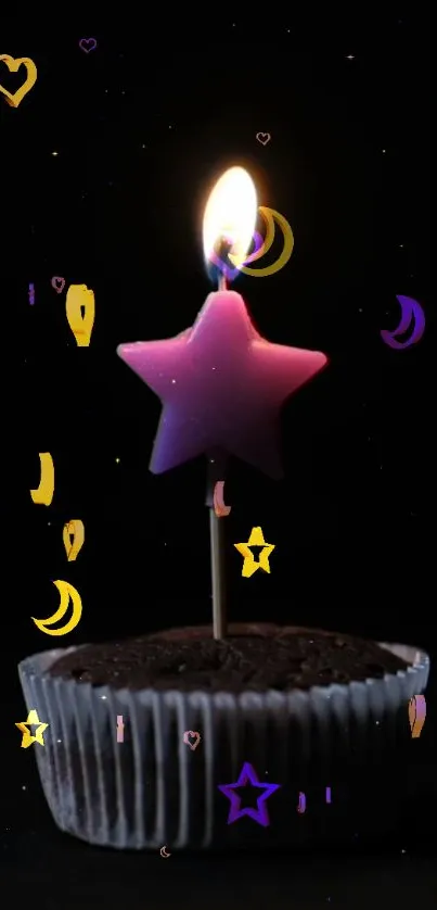 Star-shaped candle on a cupcake with glowing starry motifs.