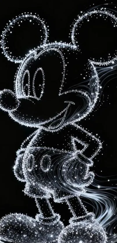 Starry design of a cartoon character glowing on a black background.