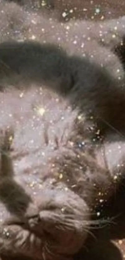 Fluffy cat adorned with glittering stars on a cozy brown background.